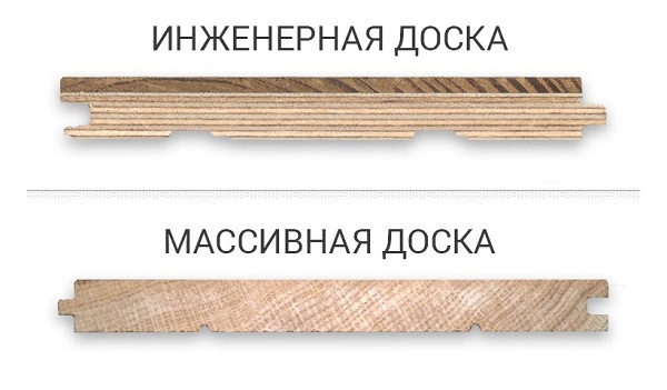 Фото среза: инженерная доска и массивная доска в разрезе — видно многослойную основу и цельный массив